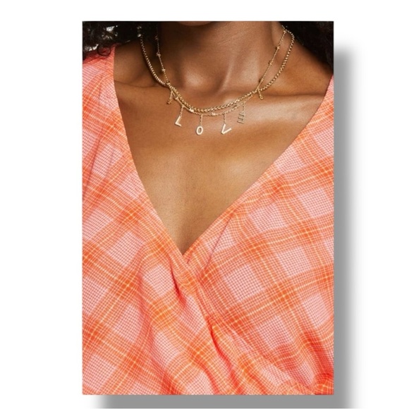 BP Vibrant Coral/Pink/Orange Plaid Long Sleeve V Neck Cropped Wrap Blouse - Picture 3 of 16